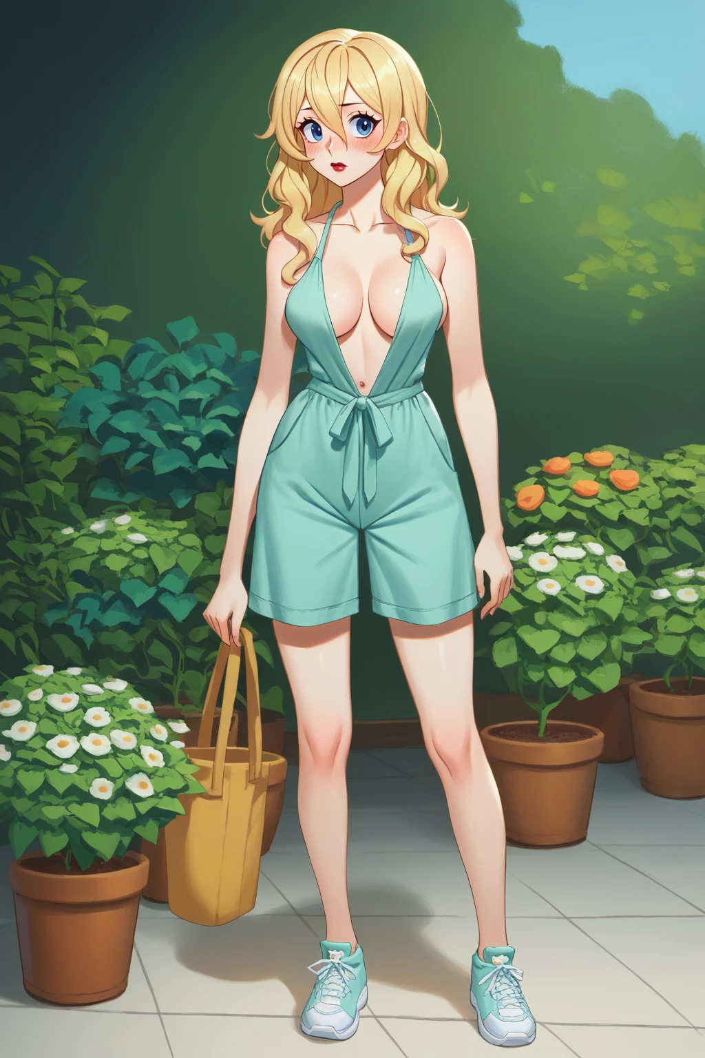 score_9, score_8_up, score_7_up, score_6_up, score_5_up, score_4_up, BREAK ,cowboy shot,1girl,solo,digital painting
edgPlaysuit, a woman wearing romper ,wearing a edgPlaysuit,
<lora:edgPlaysuitPonyv1:1>
big eyes, large breasts,long blonde hair, hair between eyes,big eyes,lipstick,blush,plunging neckline,full body,sneakers,garden background