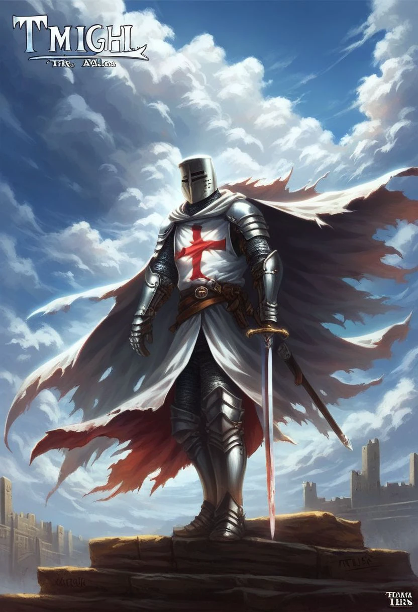score_9, templar, knight, solo, weapon, cape, sword, 1boy, cloud, sky, armor, male focus, copyright name
