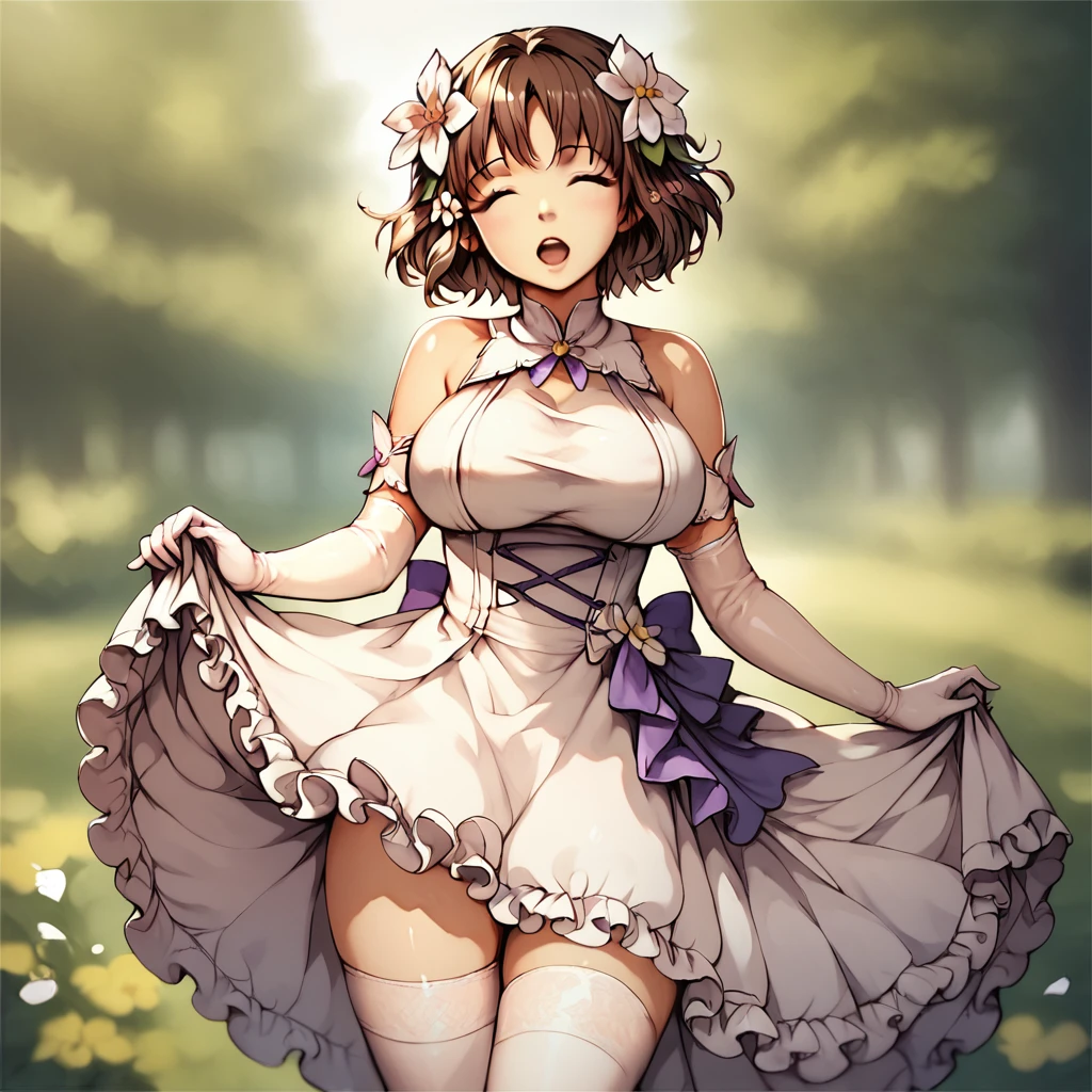 score_9, score_8_up, score_7_up,
ChiffonFairchild,1girl,solo,breasts,short hair,open mouth,large breasts,brown hair,hair ornament,thighhighs,gloves,dress,bare shoulders,closed eyes,flower,cowboy shot,frills,elbow gloves,white gloves,hair flower,white dress,white thighhighs,blurry background,facing viewer,skirt hold
 <lora:Chiffon_Fairchild_v2-6:0.6>