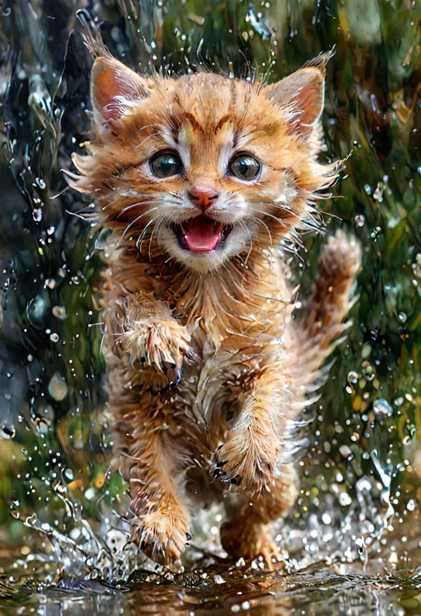 tiny kitten realistic, wet nose, bristling fur, pose in stalking to catch a small mouse