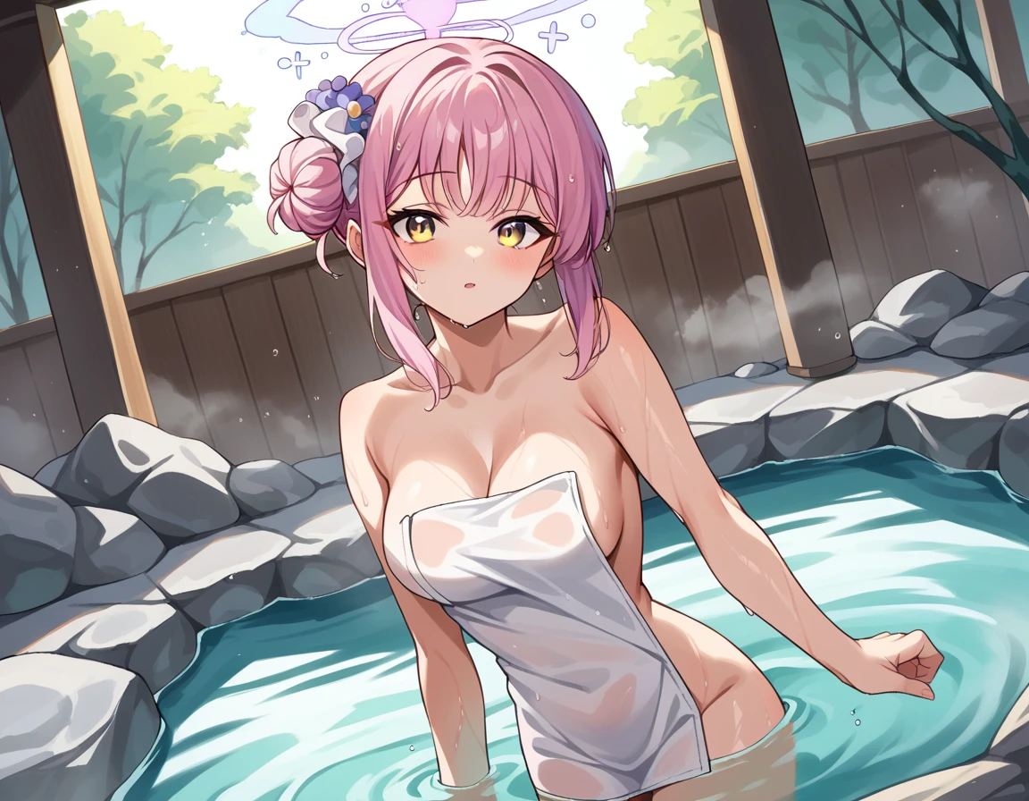 score_9, score_8_up, score_7_up, source_anime,
mikamisono, <lora:mika-misono-ponyxl-lora-nochekaiser:1>,
mika misono, yellow eyes, pink hair, hair bun, halo, single side bun,
nude, naked, 
outdoors, onsen, towel, naked towel, steam, bathing, nude cover, partially submerged, water, bath, steam censor, wet towel,
looking at viewer, cowboy shot, dutch angle,