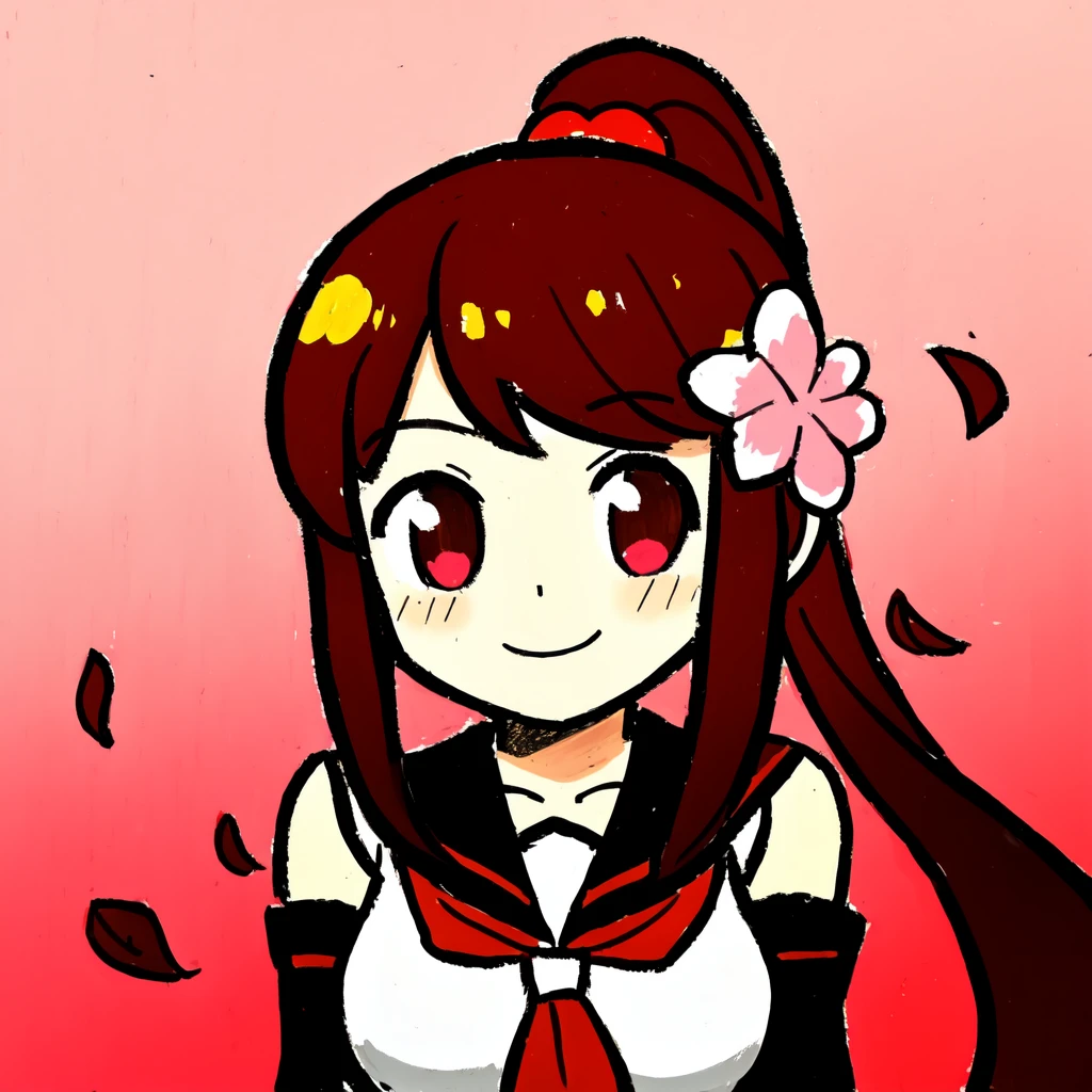 1girl, 
solo, hair ornament, upper body, red eyes, dated, closed mouth, breasts, collarbone, petals, one-hour drawing challenge, gradient background, ponytail, white sleeves, smile, brown hair, red background, sailor collar, blush, floating hair, long hair, lips, simple background, looking at viewer, long sleeves, sidelocks, cherry blossoms, hair flower, detached sleeves, white background, large breasts, twitter username, flower, very long hair, artist name, hair intakes, pink flower, red sailor collar, character name, headgear, 
masterpiece, best quality,  safe