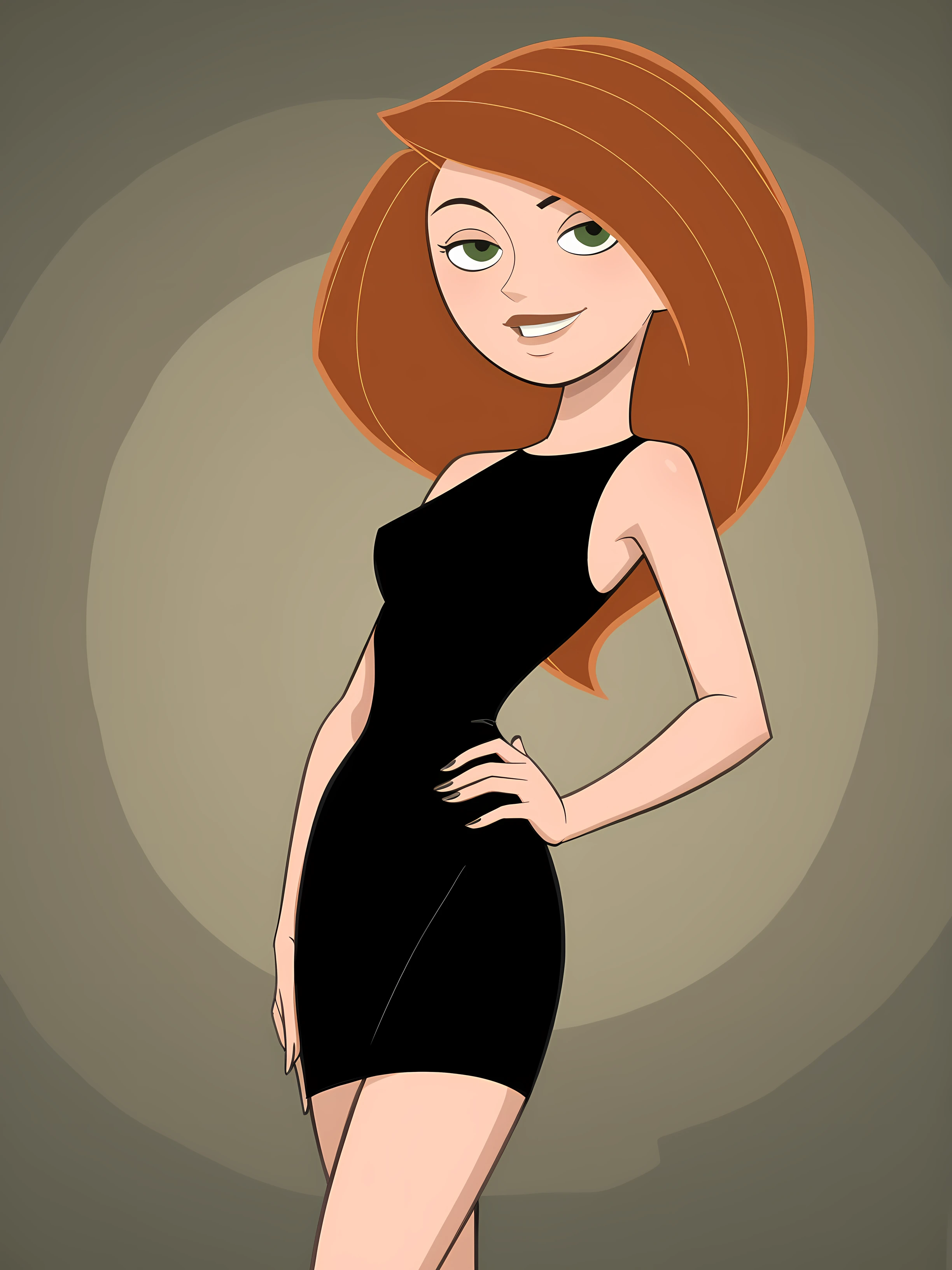 <lora:Kim_Possible:1> kim_possible, black_dress, short_dress, hand_on_own_hip, solo, seductive_smile,