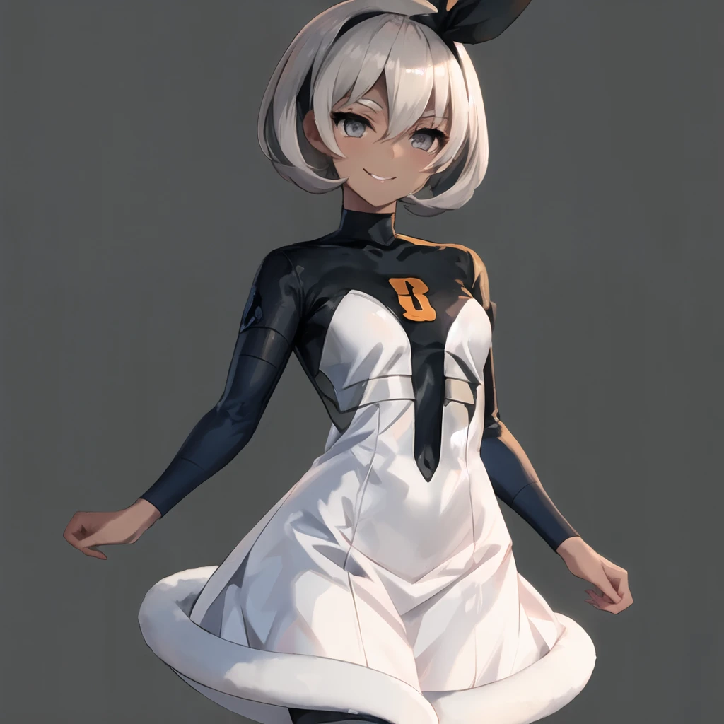 masterpiece, best quality, highly detailed, 1girl, solo, <lora:bea_pokemon-08:1> (bea_pokemon:1.3),
grey hair, grey eyes, hairband, black hairband, dark skin, dark-skinned female, seductive smile,
simple background, cowboy shot,
<lora:team_galactic_mars_outfit-08:1.2> (team_galactic_mars_outfit:1.5), dress, short dress, long sleeves, pantyhose, white footwear, boots, black dress, white dress