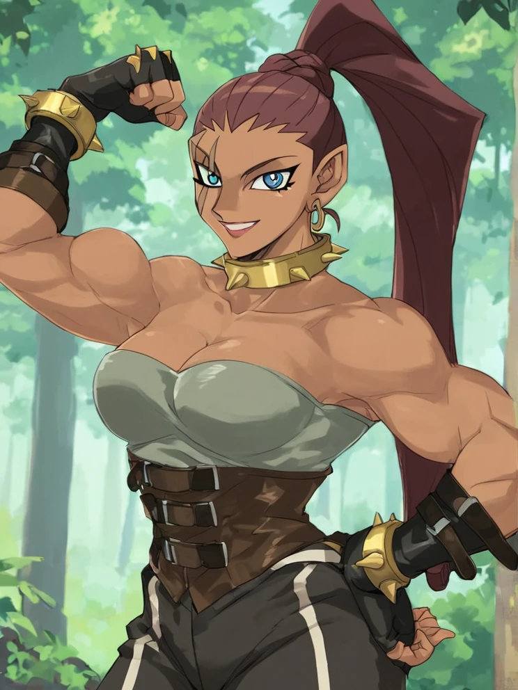 <lora:TaniaPony1.0:0.8> taniayugi, scar, 1girl, corset, solo, high ponytail, hoop earrings, long hair, spikes, spiked collar, blue eyes, earrings, brown hair, breasts, gloves,looking at viewer,  cleavage, bare shoulders, fingerless gloves, smile, spiked bracelet,hand on own hip, score_9, score_8_up, score_7_up, score_6_up,forest, flexing, gym