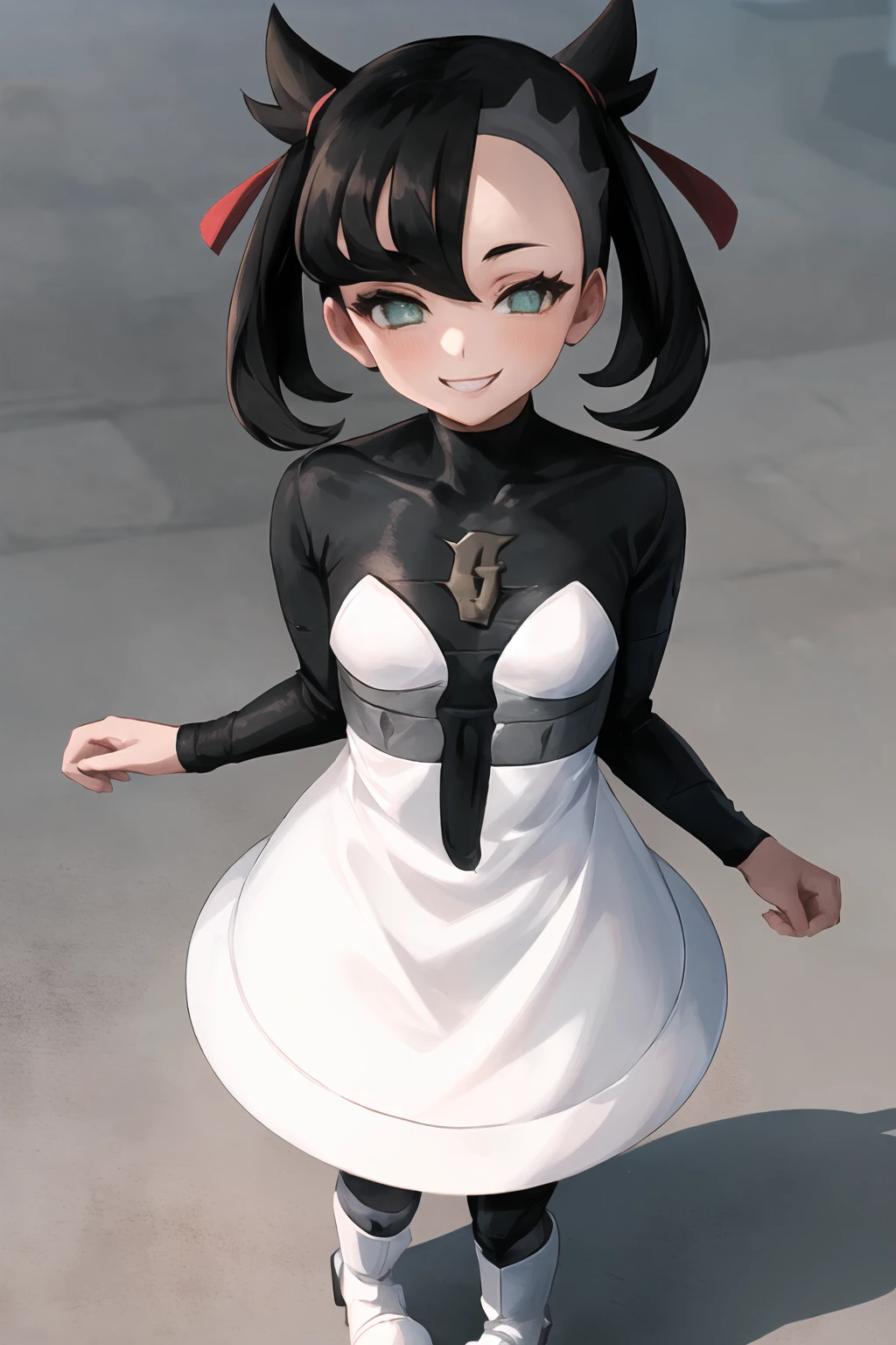 masterpiece, best quality, highly detailed, 1girl, solo, <lora:marnie_pokemon-08:1> (marnie_pokemon:1.3),
black hair, asymmetrical bangs, hair ribbon, green eyes, (seductive smile:1.4), small breasts, blush,
standing, street,
<lora:team_galactic_mars_outfit-08:1.2> (team_galactic_mars_outfit:1.5), dress, short dress, long sleeves, pantyhose, white footwear, boots, black dress, white dress