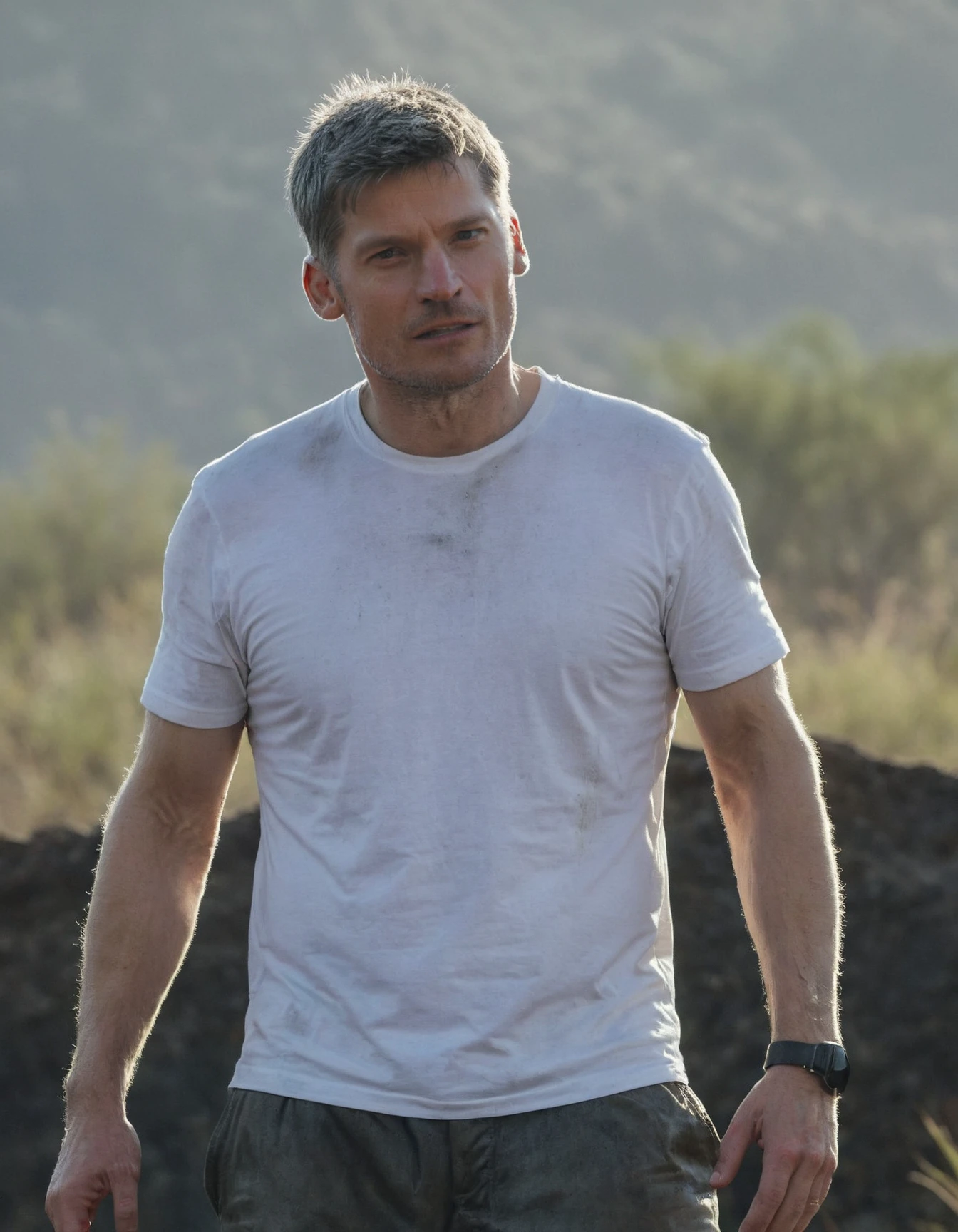 high resolution photo of jme man with short grey hair,full body shot,volumetric lighting,wearing white t-shirt,standing outdoor,full body shot,the shot is cinematic,highly detailed skin,(sweaty skin:1.2)