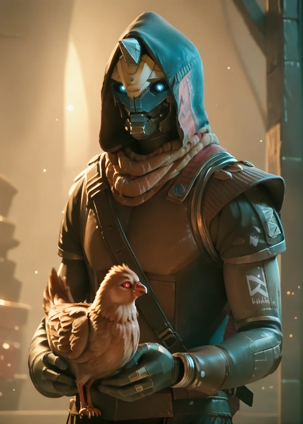 cayde, armor, colored skin, horn, glowing eyes, blue eyes, scarf, hood, full body, robot body, robot joints, holding a chicken, <lora:Cayde-6_PonyXL:0.8>, BREAK score_9, score_8_up, score_7_up, score_6_up, score_5_up,