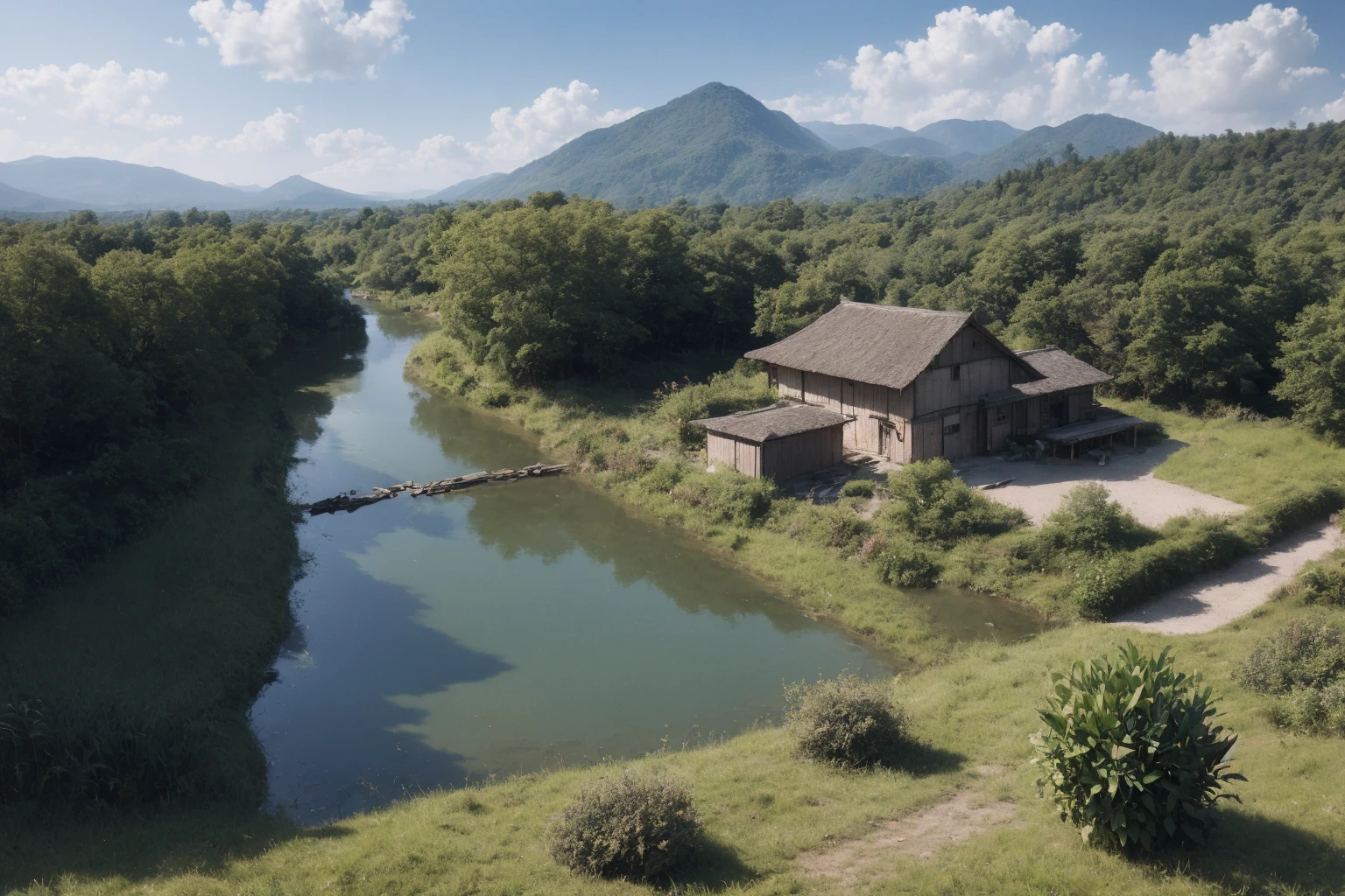 blue sky, building, bush, cloud, day, forest, grass, house, lake, landscape, mountain, nature, no humans, outdoors, river, road, scenery, sky, stairs, sunlight, town, tree, village, water, window,Aerial perspectiveconcept art,top-down view,It is characterized by calm and serenity,Flat roads,small ponds,thatched cottage, fields, bamboo forests,