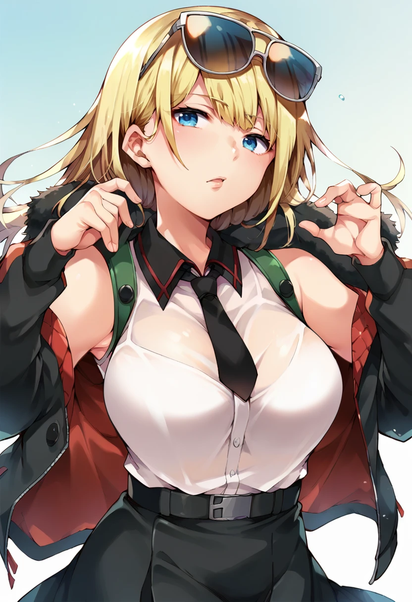 score_9, score_8_up, score_7_up, 1girl, solo, hornet, kantai collection, blonde hair, long hair,  blue eyes, bangs, sleeveless shirt, black tie, black skirt, black bomber jacket, sunglasses, large breasts, <lora:Shono-Style-PonyXL:1>