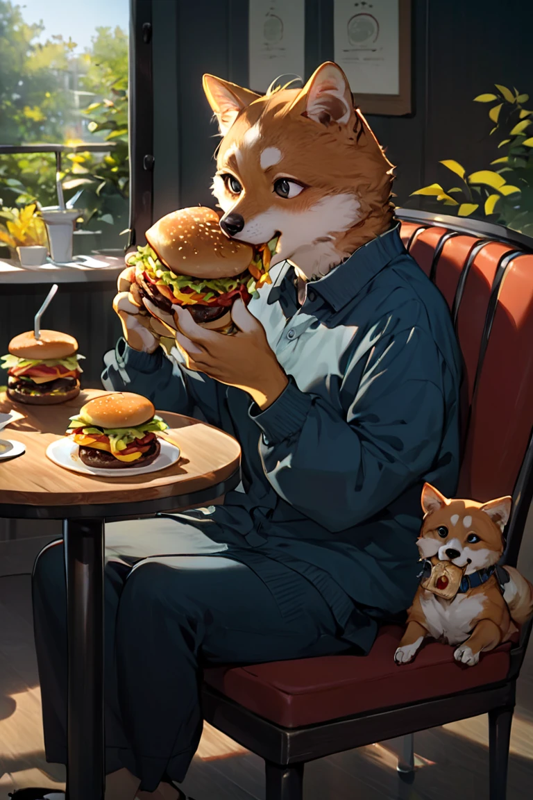 score_9, score_8_up, score_7_up, rating_safe, animal focus, animal, dog, shiba inu, food, food in mouth, holding, holding food, eating, burger, table, no hunams, sitting, on chair, chair, indoors, cafe <lora:MatureMaleMix v1.4 Dark Style LoRA_Pony XL v6:1>