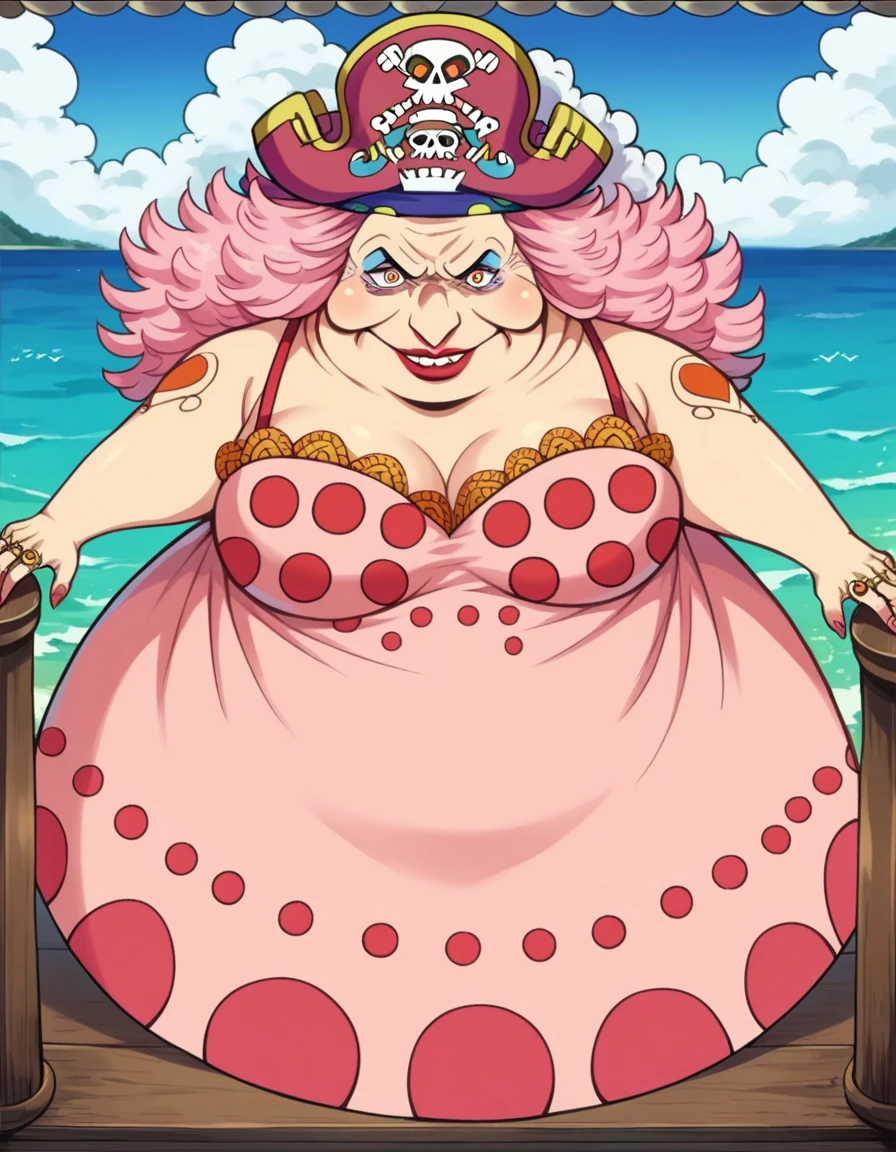 score_9, score_8_up, score_7_up, source_anime,
linlincharlotte, <lora:linlin-charlotte-ponyxl-lora-nochekaiser:1>,
linlin charlotte, pink hair, giant, fat, orange eyes,
hat, dress, jewelry, ring, polka dot, lipstick, pink dress, makeup, pirate hat, skull and crossbones,
outdoors, ship, ocean, pirate ship,
portrait,