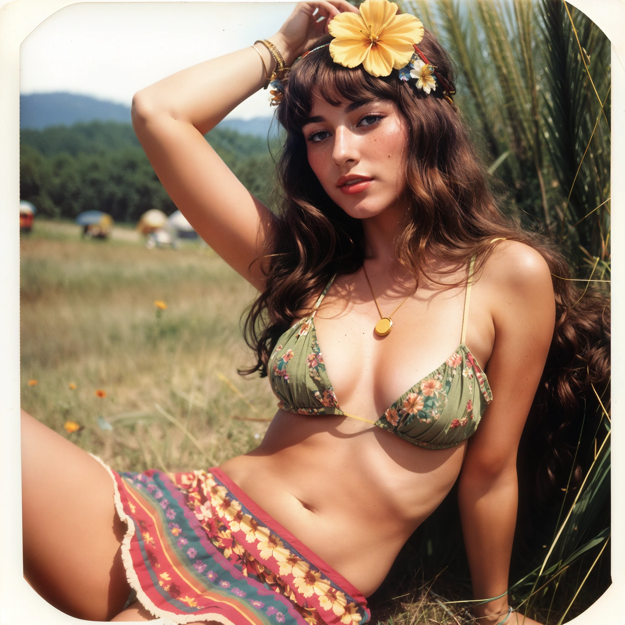 analog style, (polaroid photo), of enticing 1960s 35 year old hippie woman with messy hair, (wearing vintage psychedelic micro mini skirt, barefoot with ankle bracelets, flower headwear), (at Woodstock 1969:1.1), slim body, petite breasts, perfect face, alluring eyes, detailed skin, [[[imperfect skin]]], (beauty marks:0.3), [[[freckles]]], slightly parted lips, carefree attitude, natural lighting, film-like, photographed on a polaroid Instamatic 100, 60mm f/11 lens, color P7 type 100 film, film grain, [[closeup]]analog style, (polaroid photo), of enticing 1960s 35 year old hippie woman with messy hair, (wearing vintage psychedelic micro mini skirt, barefoot with ankle bracelets, flower headwear), (at Woodstock 1969:1.1), slim body, petite breasts, perfect face, alluring eyes, detailed skin, [[[imperfect skin]]], (beauty marks:0.3), [[[freckles]]], slightly parted lips, carefree attitude, natural lighting, film-like, photographed on a polaroid Instamatic 100, 60mm f/11 lens, color P7 type 100 film, film grain, [[closeup]]