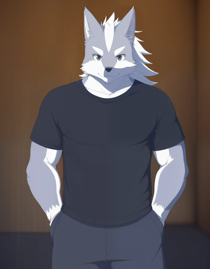 (((detailed eyes, detailed face))), (furry, sousuke <lora:character_sousuke_findigo_v1:0.8>, two-tone fur, grey fur, long hair, dog boy, snout, black eyes), male, (solo), (plump), (black t-shirt, grey pants), standing, (arms behind back), smile, (front view) BREAK (konzaburou, ukan_muri, cute), bedroom, (flat shading, flat color, high brightness), 8k, UHD, masterpiece, (full body:1.8)