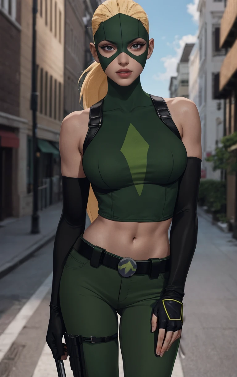 Costume_DC_YJ_Artemis_ownwaifu,
1girl, mask, domino mask,  blonde hair, very long hair, ponytail, dark skin, dark-skinned female, lips, makeup, black eyes, toned, lipstick, medium breasts, breasts, 
 crop top, midriff, gloves, navel, quiver, belt, fingerless gloves, green gloves, bare shoulders, bodysuit, sleeveless,  elbow gloves, green pants, green shirt, green leotard,
<lora:CARTOON_DC_YJ_Artemis_ownwaifu:0.7> 
((masterpiece)),((best quality)),(highres, absurdres), original, official_art, looking at viewer, solo, focused, outdoors, day, cowboy shot,