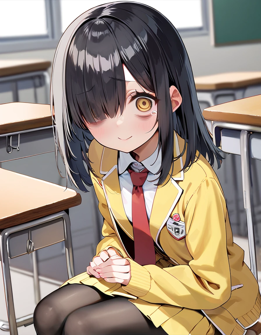 score_9, score_8_up,score_7_up,score_6_up, a girl is sitting in a school desk, nervous smile, tearing up, looking at viewer, 
 <lora:maeshima_ryo_style_xl_v1:1>, hair over one eye, bags under eyes, black hair,medium hair, school uniform, black pantyhose, red necktie, yellow skirt, pleated skirt,yellow jacket