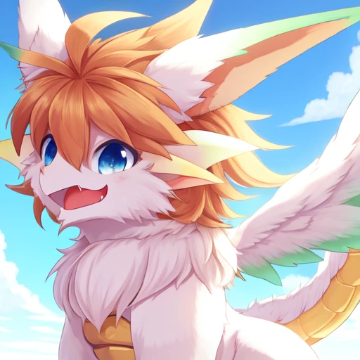 dragon, solo, flam_mana, wings, blue eyes, blonde hair, fang, sky in background, tail, fur, claws, looking at the viewer, focus on face, close up <lora:Flammie_White_Dragon_from_Mana_video_games_series:1>