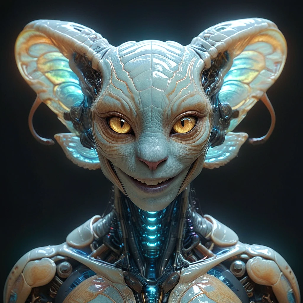 best quality, photorealistic, accurate, masterpiece, a wonderfully detailed human like alien with advanced technology and mysterious features, smiling, iridescent skin, tiger traits