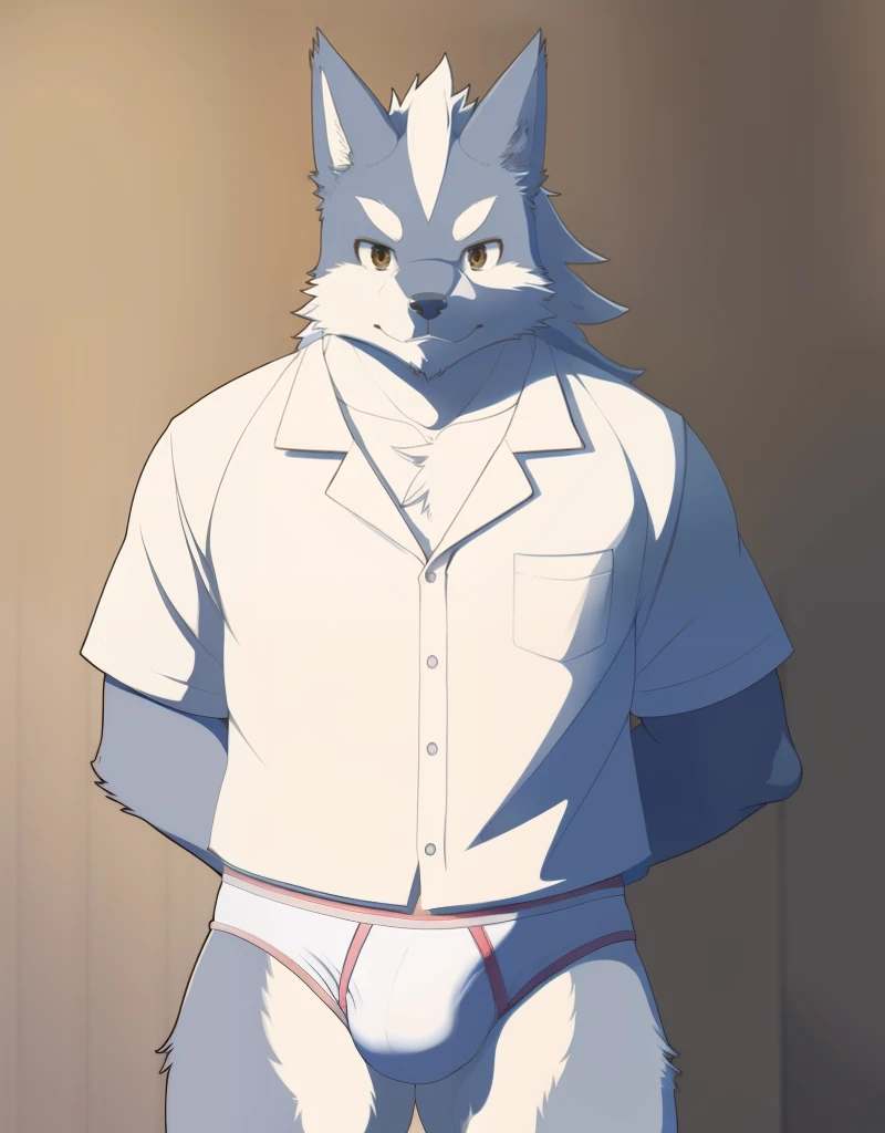 (((detailed eyes, detailed face))), (furry, sousuke <lora:character_sousuke_findigo_v1:0.9>, two-tone fur, grey fur, long hair, dog boy, snout, black eyes), male, (solo), (plump), (white shirt, (male underwear:1.8)), standing, (arms behind back), smile, (front view) BREAK (konzaburou, ukan_muri, cute), bedroom, (flat shading, flat color, high brightness), 8k, UHD, masterpiece, (full body:1.8)