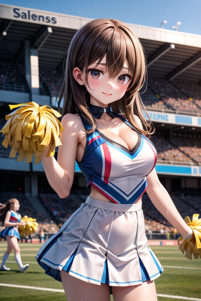 very cute and beautiful cheerleader girl,(very detailed美しい顔),(hold the pom pom:1.12),(smile),
(stadium stand),cowboy shot,dynamic pose,Raise one leg high above your head、white panties,(orange sleeveless shirt),beautiful feet,looking at the viewer,black hair,huge breasts、
(highest quality,masterpiece:1.2),confused,High resolution,Super detailed,very detailed,32k,8K resolution,
intricate details,movie scene,detailed background,alone,dynamic angle,
hair blowing in the wind,beautiful detailed sky,