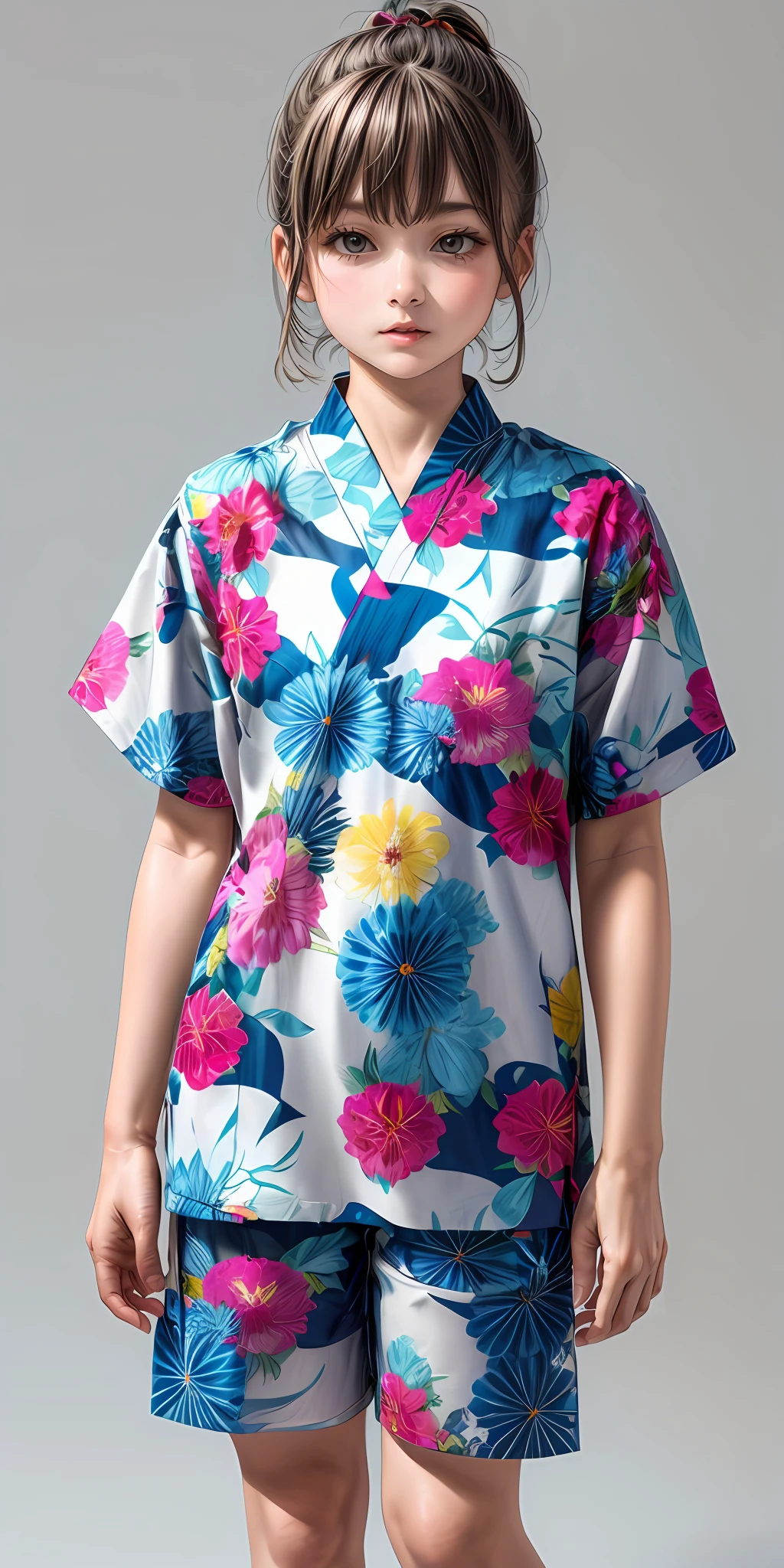 (masterpiece,ultra-detailed,best quality,8K,CG,illustration,shaved:1.0),(girl:1) <lora:more_details:1>,simple background,cowboy shot
<lora:jinbei v1.0:0.6> jyojifuku, floral print, short sleeves