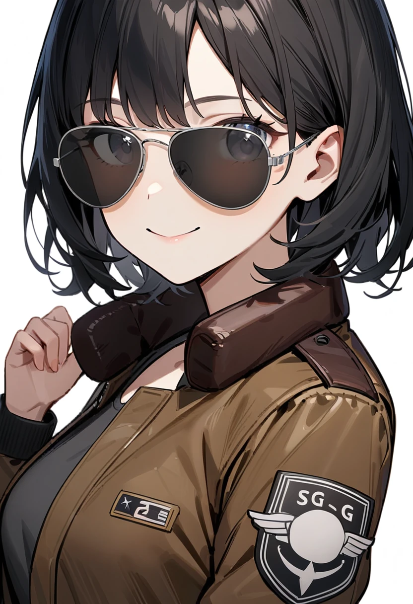 masterpiece, best quality, very aesthetic, absurdres, 
1girl, solo, black hair, medium hair, smile, upper body, bomber jacket, 
sg-AVIATOR, sunglasses, grey-framed eyewear,  darkgrey-tinted eyewear
, white background, simple background,
 <lora:sunglasses_aviator_SDXL_V1:1>