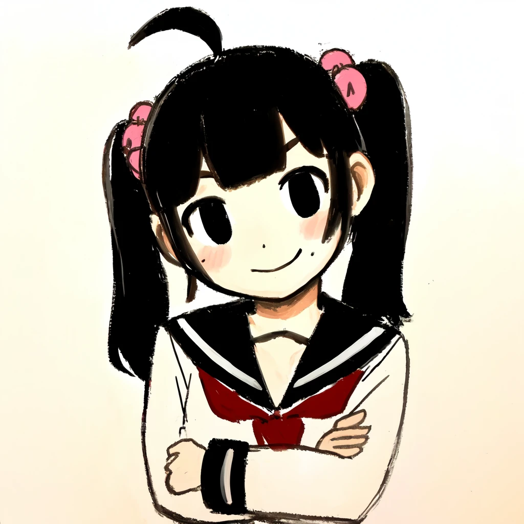 1girl, 
solo, ahoge, hair ornament, upper body, red neckerchief, low twintails, closed mouth, sketch, collarbone, hand up, mole under eye, hair over shoulder, neckerchief, white sailor collar, tareme, smile, sailor collar, mole, beads, serafuku, blush, crossed arms, black serafuku, long hair, simple background, looking at viewer, eyebrows, long sleeves, head tilt, sidelocks, blunt bangs, brown eyes, white background, twintails, hair beads, hair between eyes, uniform, school uniform, black hair, 
masterpiece, best quality,  safe