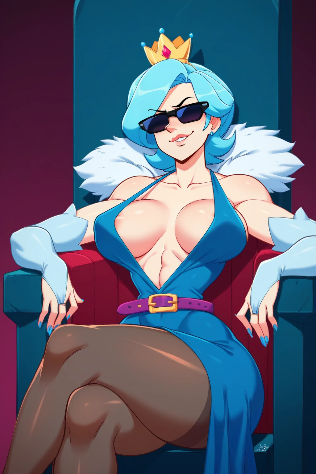 score_9, score_8_up, score_7_up, score_6_up, score_5_up, score_4_up, BREAK ,cowboy shot,1girl,solo,digital painting,rating_explicit,
smug, sitting on a throne,princess,small crown,collarbone,puffy lips,princess gown,smirk,large breasts,breasts apart,plunging neckline,from below,crossed legs,elbow gloves,puffy lips,lipstickce robe,dress,fur trim,pantyhose,embroidery,belt,sunglasses,painted nails