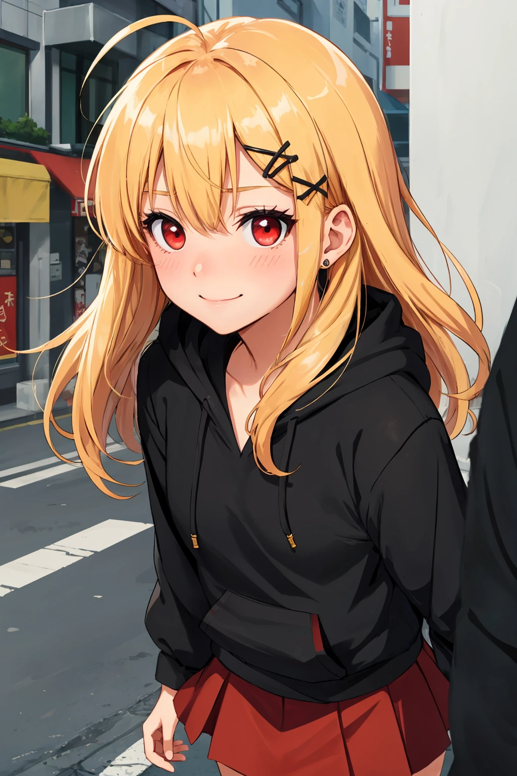 japanese short girl, blond hair, long sharp bangs, (hair between eyes) (messy hair), spiral ahoge, (hair clip X) ((sharp bangs)), (red eyes), detailed eyes, large pupils, pupil gradient, twinkle in the eye, smile, blush, (slightly embarrassed, shy) slim waist, gothic clothes style, Goth, cute, mostly black, cute, pretty eyes, (emo), black hoodie, (red skirt)  (knee-high socks), ((bovver boots)), looking at the viewer, shot ((anime, scene, lineart, art)) depth of color, cute color, (stands) outdoor, japan, street slightly blurred background, (((face close-up)))