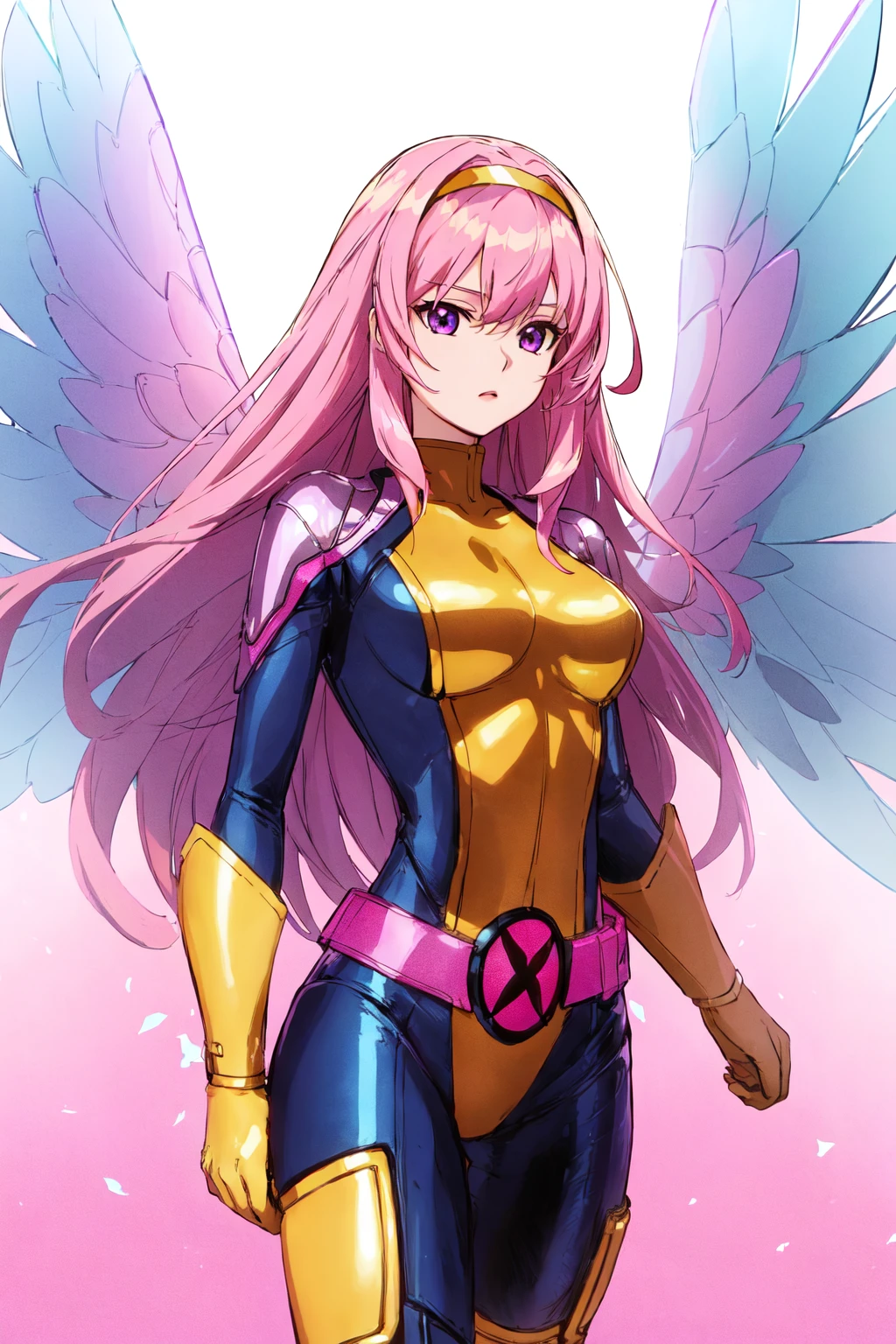 (masterpiece, best illustration, extreme light and shadow), xmblzxl, 1girl, solo, wings, hairband, pink hair, long hair, purple eyes, BREAK belt, bodysuit, two tone bodysuit, yellow bodysuit, blue bodysuit, depth of field, (mature), perfect face, side lighting, lustrous skin, (bloom), (shine), <lora:XMenblue15:1>