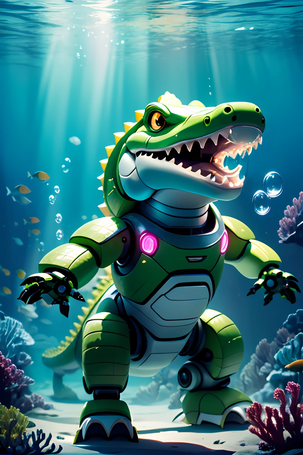 robotzoo, crocodile mecha, cute,  standing, glowing, looking at viewer, solo, full body <lora:ç»å¨æºç²å¨ç©å­robotzoo_v1.0:0.75>,underwater, (Bubble:1.2)