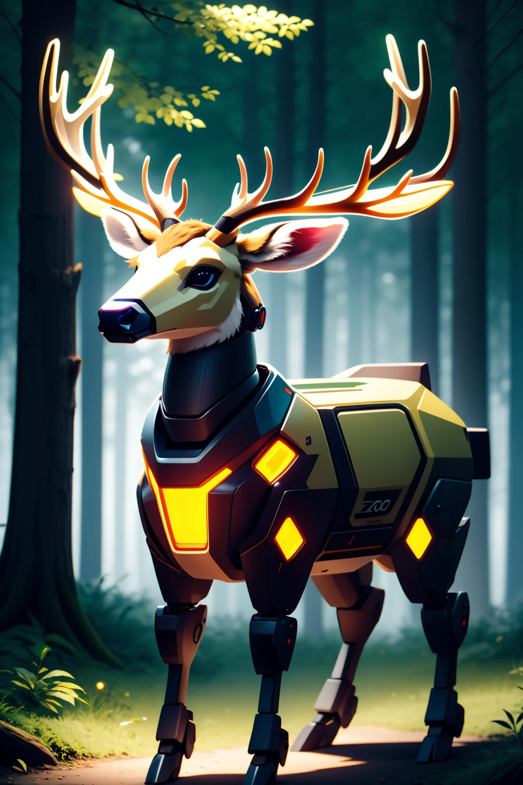 robotzoo, deer mecha, cute,  standing, glowing, looking at viewer, solo, full body <lora:ç»å¨æºç²å¨ç©å­robotzoo_v1.0:0.7>,forest,tree