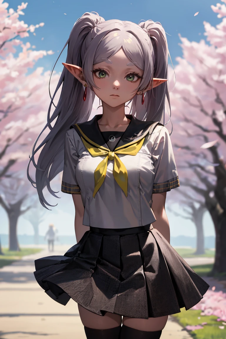 masterpiece, best quality, absurdres, 1girl, solo, Frieren, long hair, twintails, earrings, YasogamiFemaleSummer, white shirt, short sleeves, black sailor collar, yellow neckerchief, grey skirt, black thighhighs, outdoors, sakura blossom tree, arms behind back, expressionless, <lora:CONCEPT-YasogamiSchoolUniform:1>, <lora:FrierenV2:1>