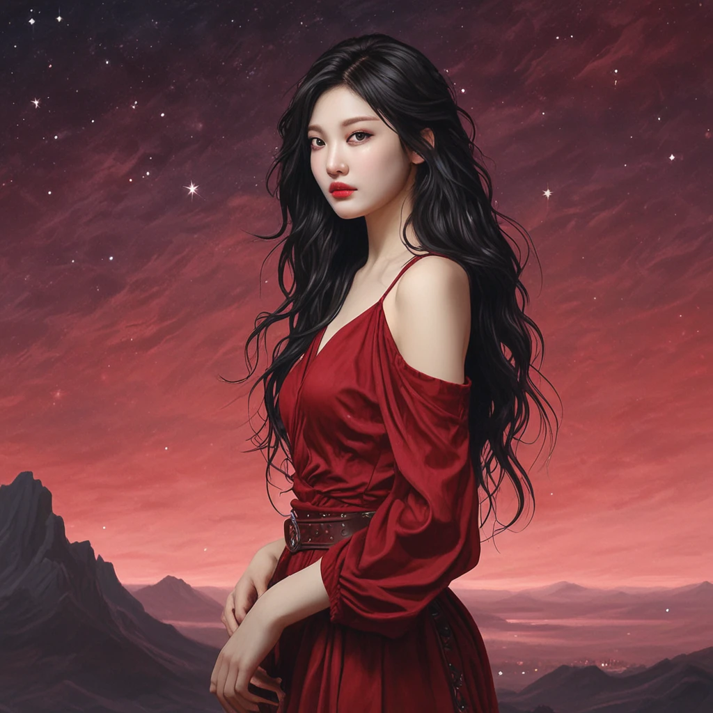 (romanticism art stylized by Heather Theurer:0.7) , Oil painting, Ningning girl, Labyrinthine and Dusty, Stars in the sky, Simple and clean, symbolism, dark red sky, trending on CGSociety,
<lora:Ningning-v1:1>
<lora:sdxl_lightning_8step_lora:1>