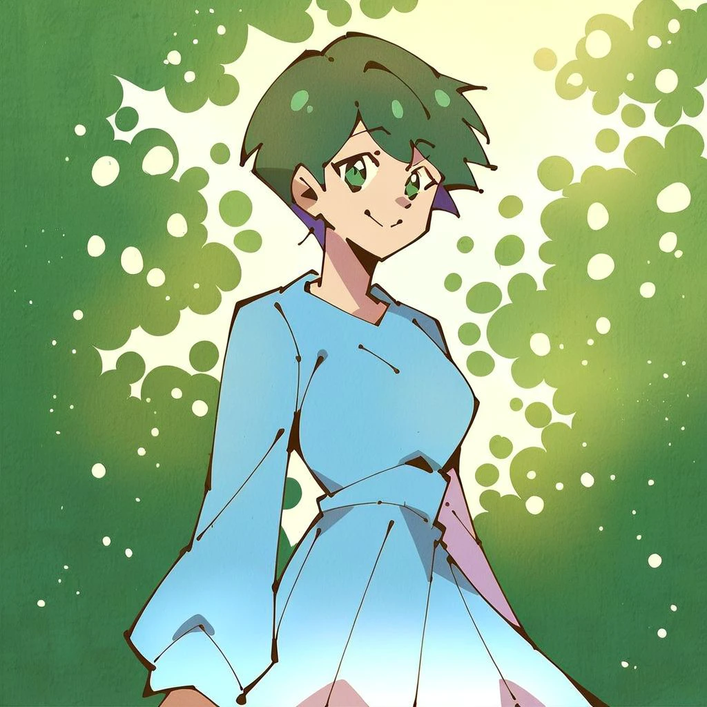 score_9,score_8_up,score_7_up,score_6_up,score_5_up,score_4_up, 1girl, solo,short hair, green hair, blue dress, long sleeves, green eyes,, medium breasts, breasts, smile, standing, outdoors,