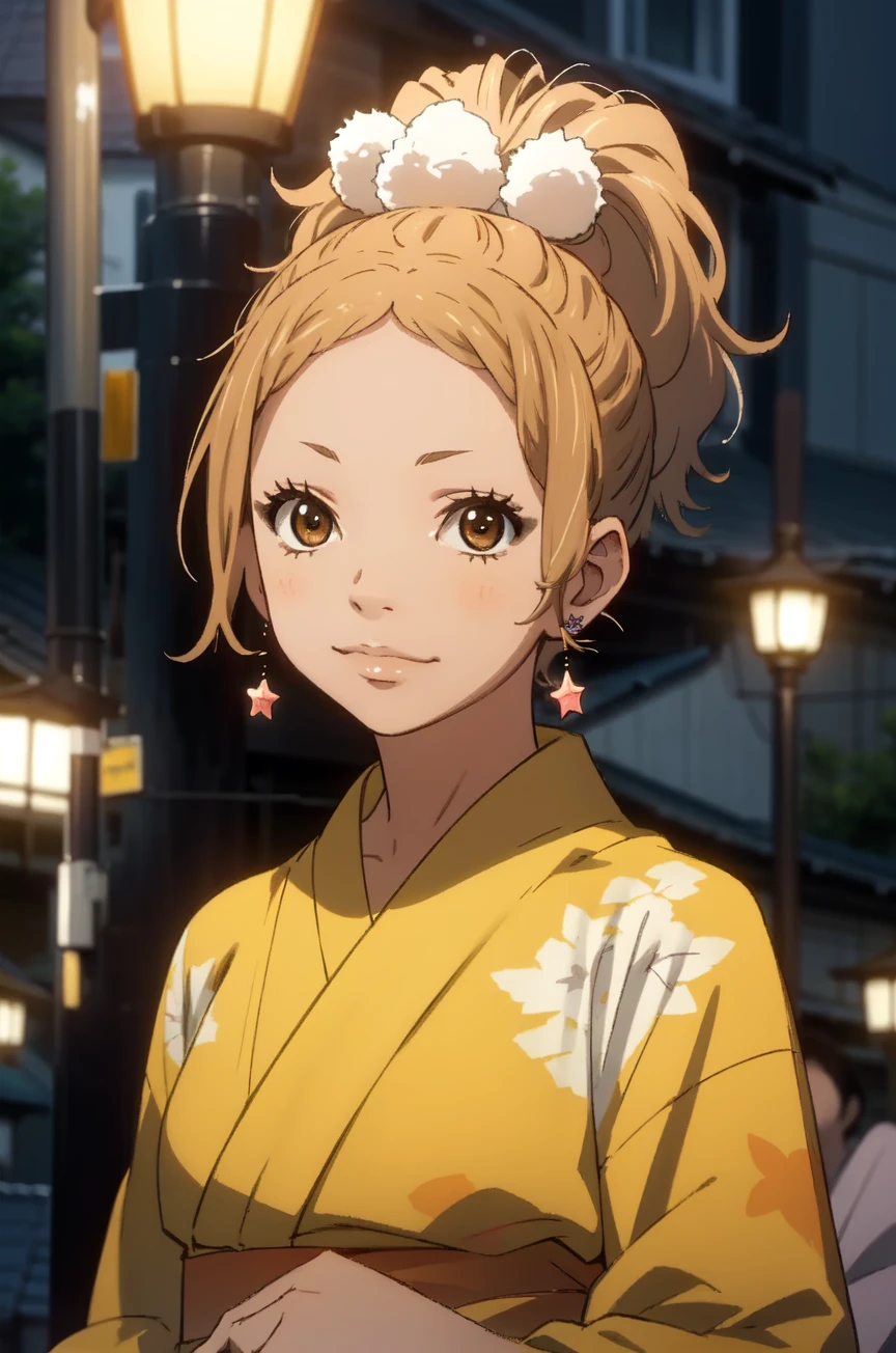 Azusa_Murasaka, eyelashes, looking at viewer, short hair, jewelry, ponytail, earrings, japanese clothes, kimono, star (symbol), ^_^, yukata, star earrings, yellow kimono,
