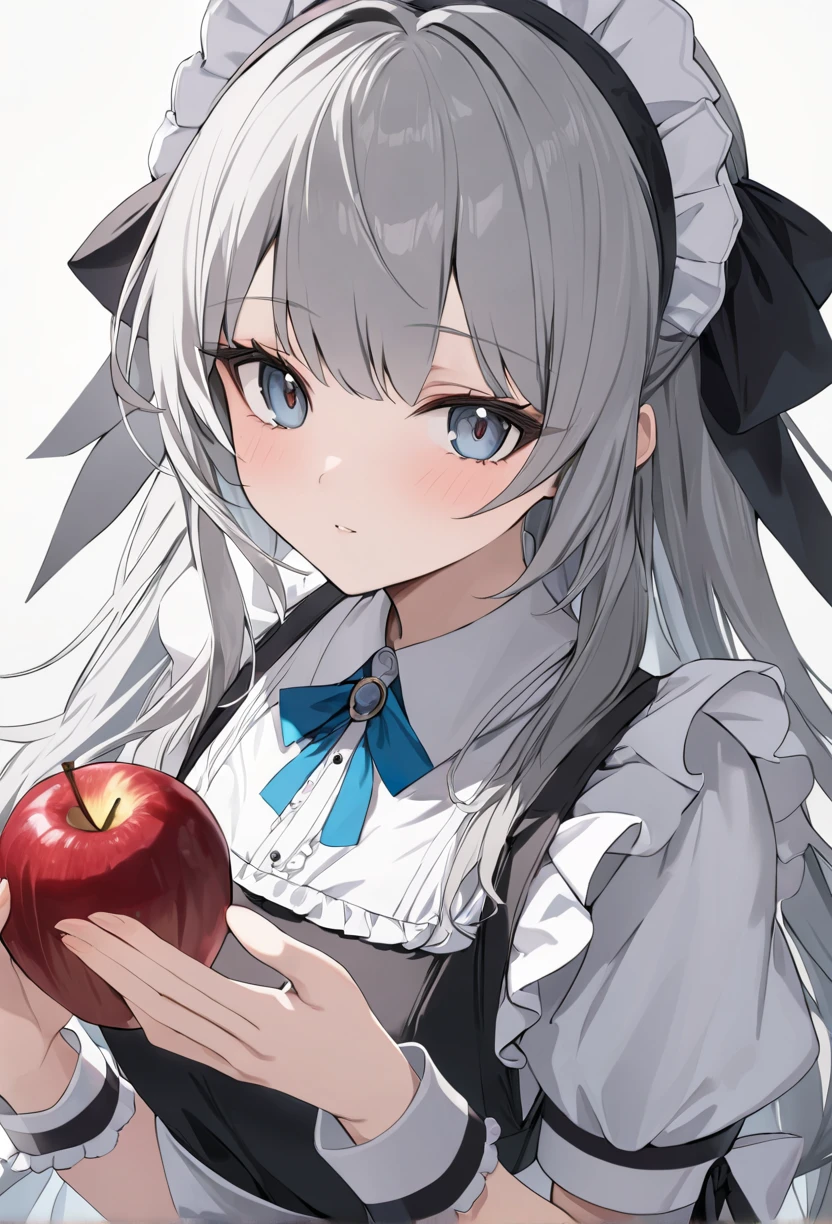 1girl, solo, Grey hair, long hair, maid's outfit, close-up of face, looking at viewer, holding apple in hand,
highly detailed, best quality, absurdres