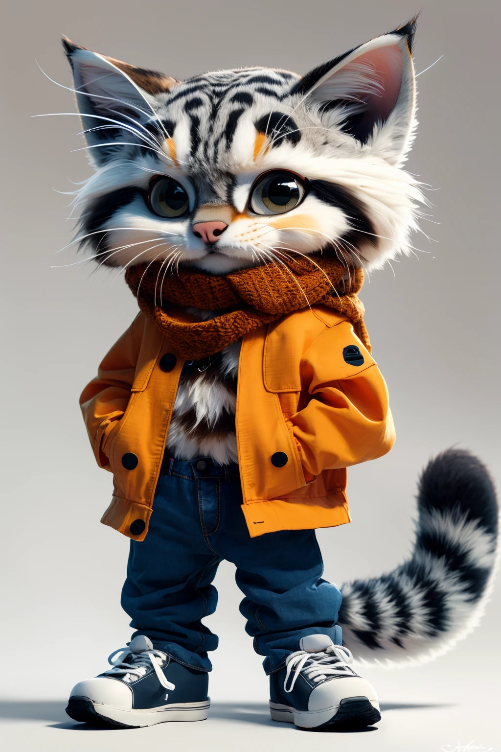 masterpiece,best quality,solo,looking at viewer,simple background,white background,long sleeves,standing,hat,jacket,full body,tail,open clothes,shoes,pants,grey background,scarf,animal,open jacket,denim,blue pants,pocket,animal focus,brown jacket,jeans,hands in pockets,no humans,grey footwear,orange jacket,grey scarf,Pallas's cat,