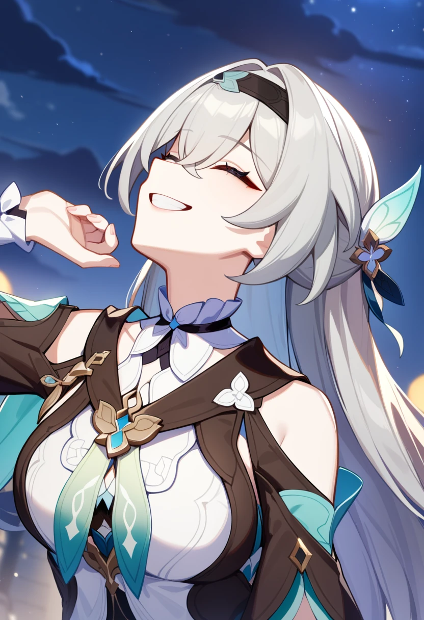 a girl named liuying,liuying,1girl,solo,outdoors,looking up,arm up,smile,teeth,black jacket,white shirt,night sky,starry sky,cloud,masterpiece,best quality,(very aesthetic:1.2),absurdres,<lora:æµè¤a31:1>,grey hair,honkai \(series\), illustration