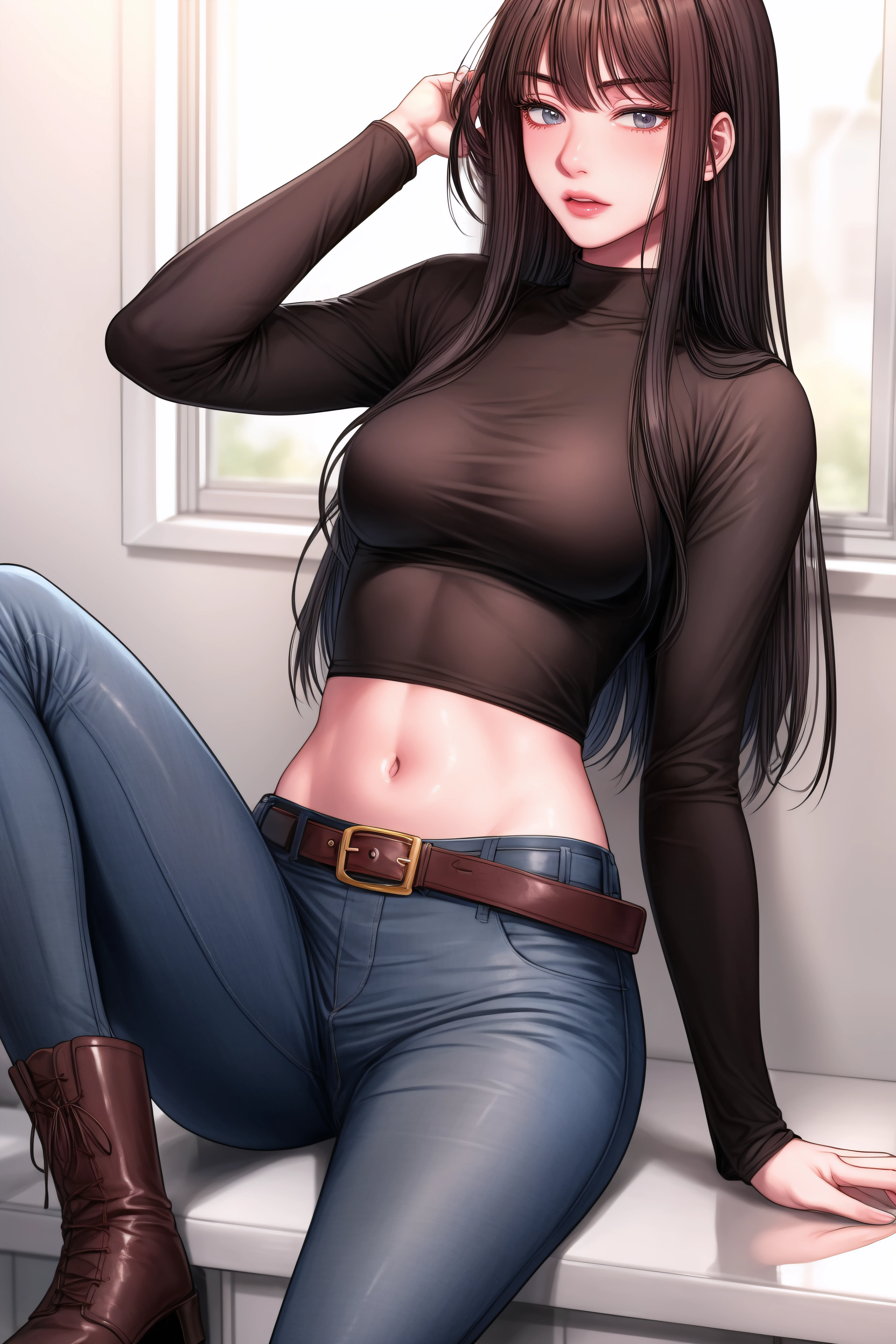 (masterpiece, best quality),<lora:Kang Yuna-lora-Faxtron:0.8> kang yuna, blueish-gray eyes, black hair, long hair, medium breasts, navel, belt, black turtleneck,  long sleeves, blue jeans, brown knee boots,
<lora:add_detail:1>