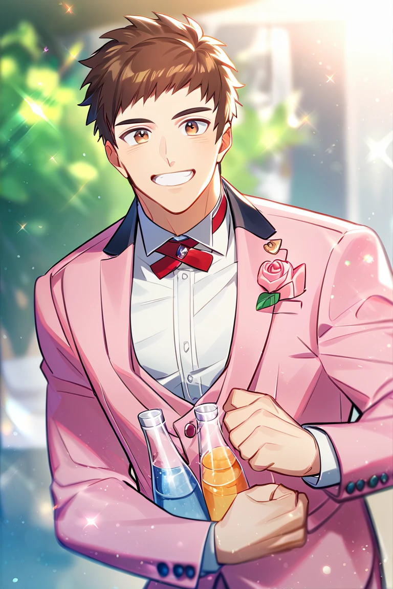 score_9, score_8_up, score_7_up, score_6_up, score_5_up, score_4_up, cute face, twink, solo focus, year 2023, shingo yabuki, brown eyes, suit, white shirt, pink jacket, pink pants, red bowtie, amazing quality, best aesthetic, absurdres<lora:EMS-342688-EMS:1.000000>