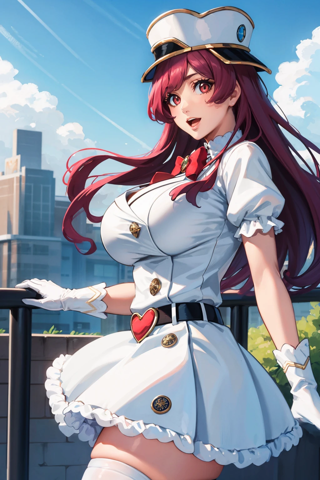 masterpiece, best quality, 1girl, <lora:ms-nvwls-v1:0.9> menins, white hat, red bow, white dress, short sleeves, puffy sleeves, belt, white thighhighs, white gloves, large breasts, cowboy shot, :D, looking at viewer, from side, blue sky, city