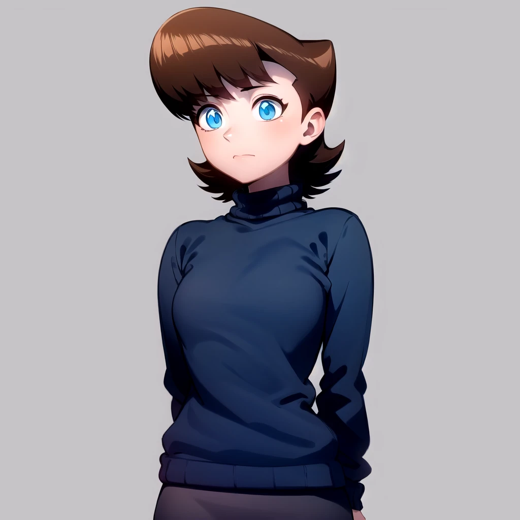 solo, 1girl,  Lila test, brown hair, short hair, blue eyes, <lora:Lila_Test_Leaf3:0.8>, cowboy shot, simple background, white background, black turtleneck sweater, black skirt, arms behind back,