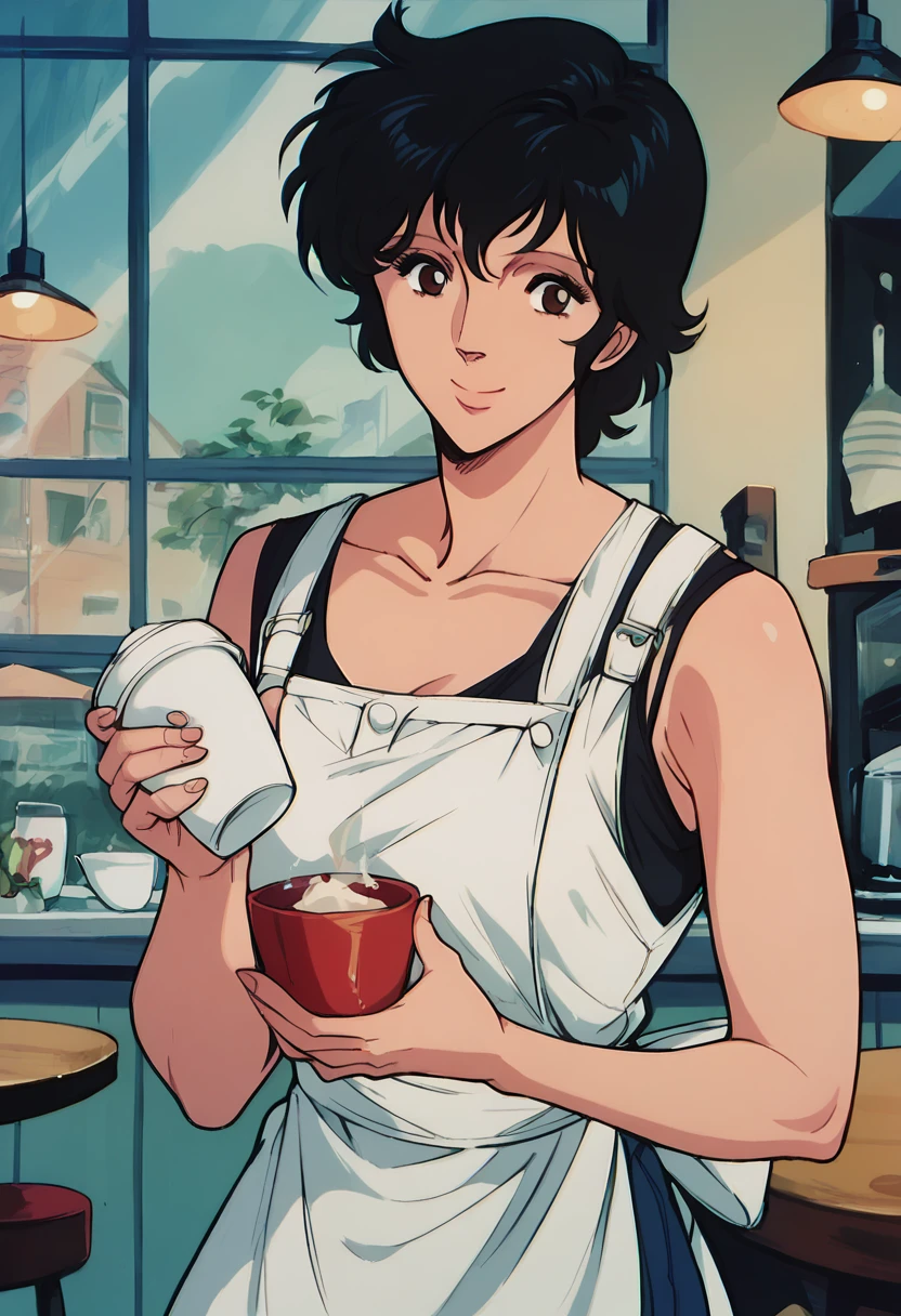 1girl, fa1_k1s, looking at viewer, white apron, holding cup, indoors, cafe, smile, closed mouth, cowboy shot, BREAK score_9, score_8_up, score_7_up, score_6_up, score_5_up,(retro artstyle:0.5),  