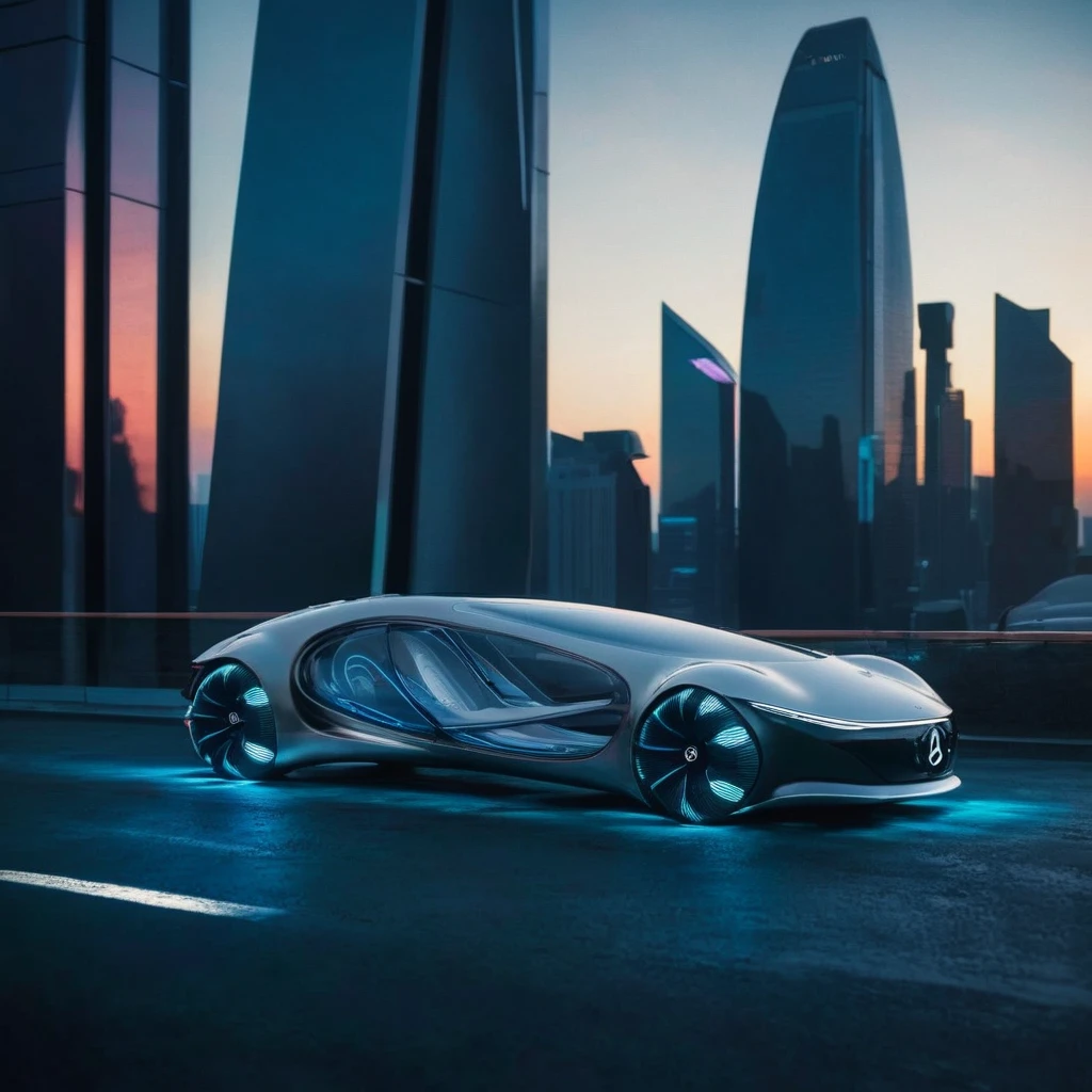 cinematic film still of  <lora:Mercedes AVTR:0.8>
 <lora:Unreal Engine style:0.5>
Mercedes AVTR a futuristic car side view with a city in the background at after noon sunset,Inspired by the future,Mercedes-Benz,VISION AVTR,outdoors,sky,cloud,no humans,cloudy sky,ground vehicle,building,scenery,motor vehicle,sunset,city,car,road,cityscape,skyscraper , detailed background, futuristic car, bionic flaps, shallow depth of field, vignette, highly detailed, high budget, bokeh, cinemascope, moody, epic, gorgeous, film grain, grainy