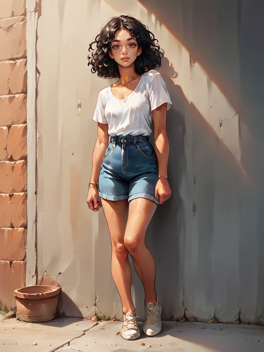 score_9, score_8_up, score_7_up, score_6_up, score_5_up, score_4_up,   <lora:m1xd0llXLP2:0.7> curly hair, 1girl, m1xd0ll, black hair, short hair, tan skin, freckles, brown eyes, full body,