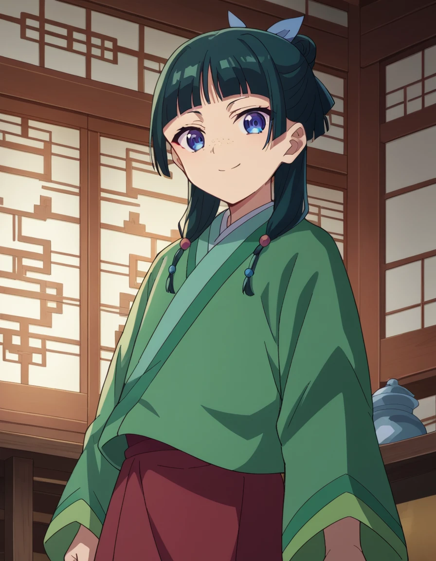 score_9, score_8_up, score_7_up, source_anime,
maomao, <lora:kusuriya-maomao-s1-ponyxl-lora-nochekaiser:1>,
maomao, long hair, bangs, blue eyes, hair ornament, green hair, blunt bangs, freckles, hair bun, single hair bun,
japanese clothes, robe, green robe, long sleeves, wide sleeves, skirt, red skirt,
indoors, smile,
looking at viewer, cowboy shot, dutch angle,