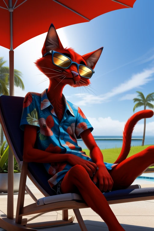 male, solo, katz \(courage the cowardly dog\), anthro, feline, whiskers, red fur, long tail, cat tail, eye bags, full-length portrait, short sleeves, aloha shirt, sunglasses, long shirt, null, frown, nervous, casual, handsome, masculine, slim, thin legs, sitting, leaning back, casual, head tilt, fewer digits, 4 fingers, 3 toes, masterpiece, extreme detail, pool, lounge chair, umbrella, shade, lighting, vacation wear, holding beverage, chest tuft, elbow tuft, low-angle view, leaning back, covering self, bent arm, bent legs