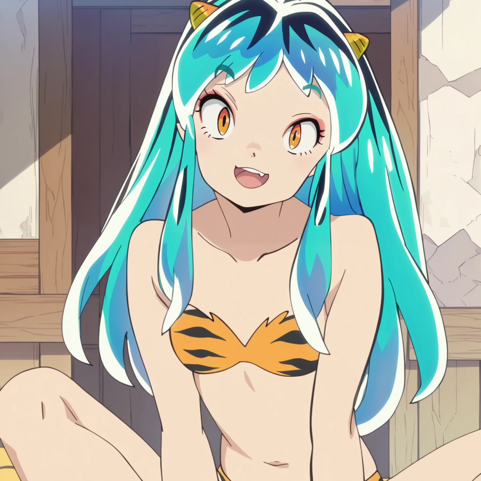 <lora:lumXLpony002>,looking at viewer,smile,open mouth,
solo,
anime screencap,score_9,score_8_up,score_7_up,
lum,1girl,multicolored hair,aqua hair,long hair,oni horns,orange eyes,
tiger stripes strapless bikini,
sitting,