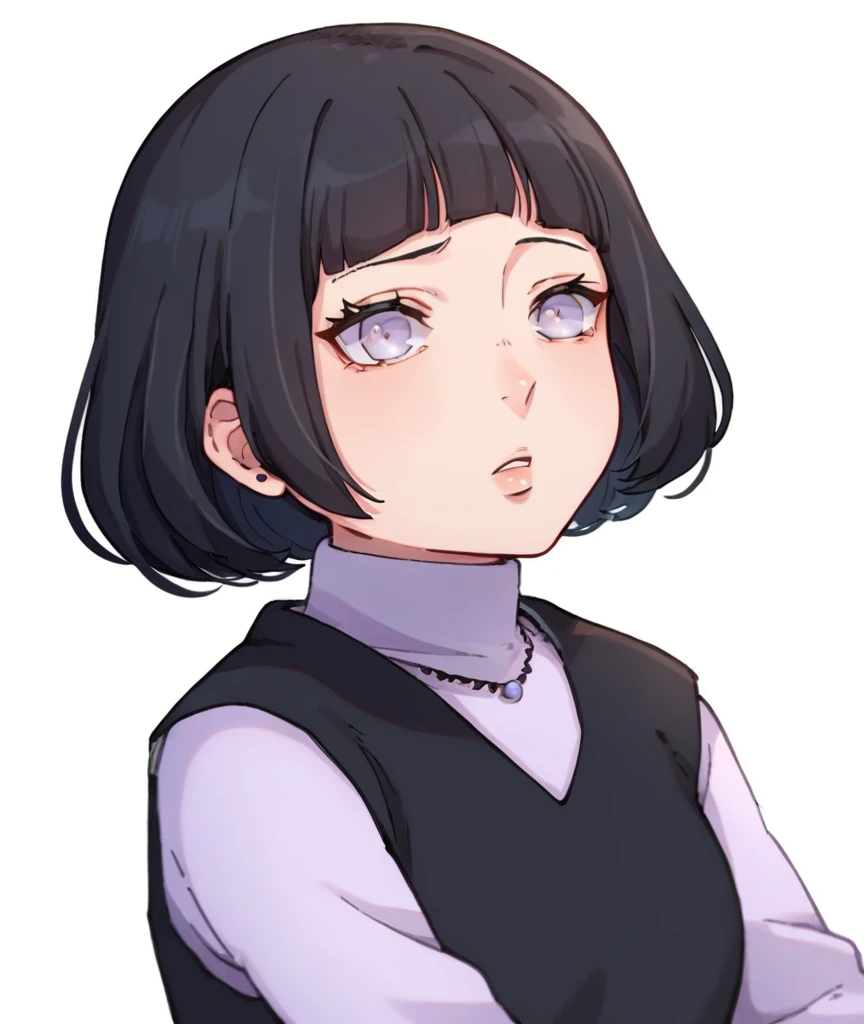 score_9, score_8_up, score_7_up,  source_anime,BREAK,white background, 1girl, hinaike, black vest, purlple turtleneck sweater,  black hair, pearl eyes,white pants<lora:HINATAikemotoPONYXL:1>